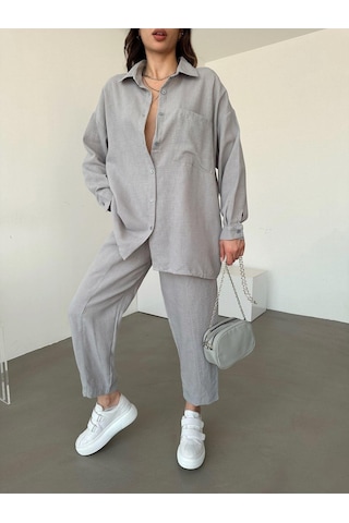 Kadın Oversize Keten Gömlek Pantolon Alt Üst Takım Gri
