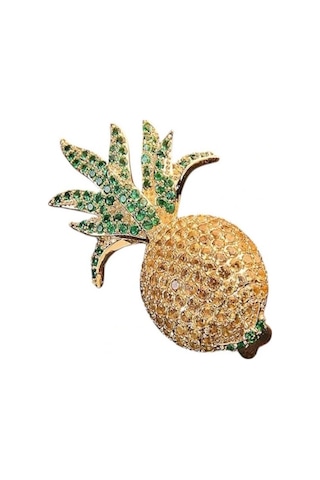 Caş Dekorasyon Altın Renk Ananas Figürlü Taşlı Broş Altın