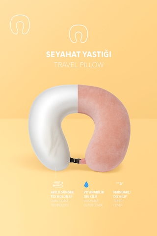 Armegeda Visco Ortopedik Kadife Seyahat Boyun Yastığı Pembe Rahat Uyku Destekği Pembe