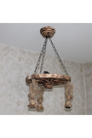 Otantik Çarşı Ahşap Halatlı Teker Avize 40 Cm. 3'lü Eskitme Ağaç