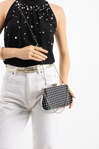 Lebibe Shoes Polkıa Siyah Saten Kumaş Puantiye Desenli Zincir Askılı Klips Kapamalı Clutch Çanta