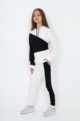 Kız Çocuk %100 Pamuk Garnili Kapüşonlu Uzun Kol Alt&üst Eşofman Takım-eşt-0018 Beyaz