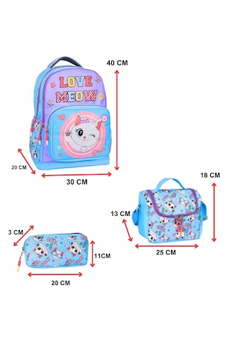 Kedi Baskılı Mavi, 3 Lü İlkokul Kız Çocuk Beslenmeli Ve Kalemlikl