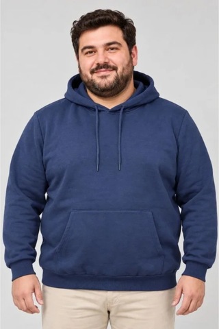 Butik İstanbul Erkek Battal Büyük Beden Üç İplik İçi Şardonlu Kapüşonlu Kanguru Cepli Kışlık Sweatshirt - Lacivert