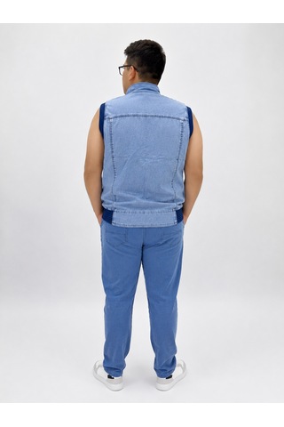 Büyük Beden Denim Dik Yaka Fermuarlı Cepli Bomber Erkek Yelek Mavi