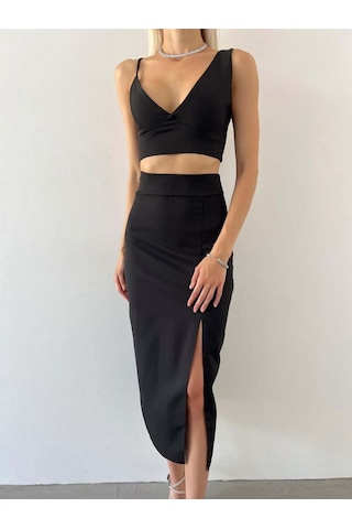 Hgfashion V Yaka Crop Yüksek Bel Yırtmaçlı Midi Etek Duarte Kadın Siyah İkili Takım Siyah