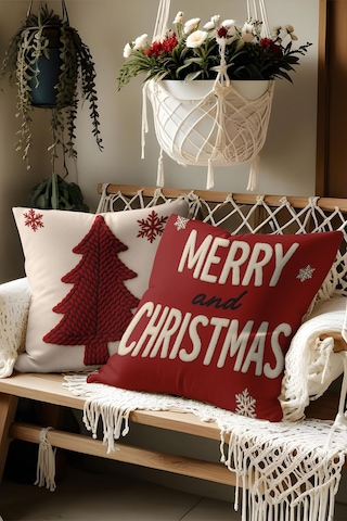 2 Li Yılbaşı Desenli, Çift Taraflı Baskı, Kırlent Kılıfı Seti Beyaz-Kırmızı