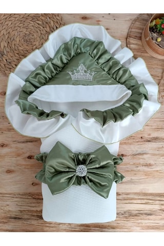 Yenidoğan Mehtap Lüks Kelebek Taç Nakışlı Bebek Battaniyesi Kundak Yeşil Çok Renkli