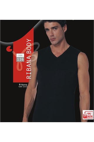 Erkek Siyah Atlet Ribana Sıfır Kol V Yaka % 100 Pamuklu Body 3 Lü Paket 116-3s Siyah