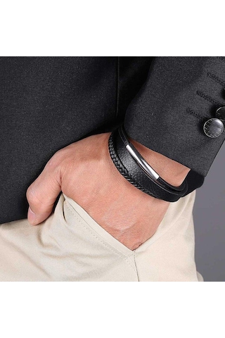 Punk Çok Katmanlı Örgülü Sarma Erkek Deri Bileklikler Paslanmaz Çelik Charm Toka El Yapımı Bilezikler Takı Hediye Siyah