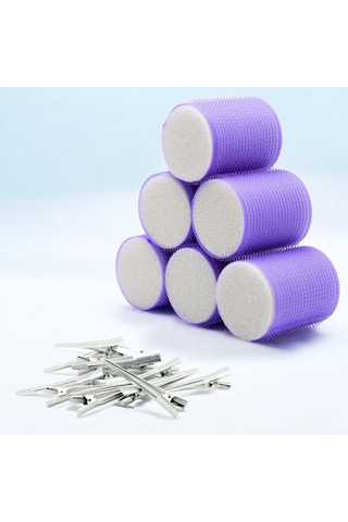 Croc 1203 Mor Cırtlı Sünger Bigudi 6lı Çap 5cm +12li Alüminyum Saç Pensi Mor