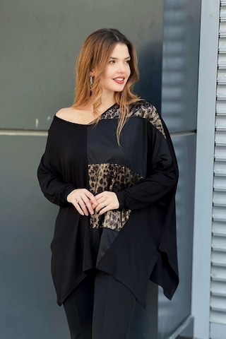 Leopar Desenli Suni Deri Detaylı Bluz Siyah