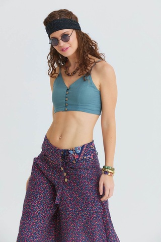 İnce Askılı Düğme Detaylı Crop Bluz Mavi