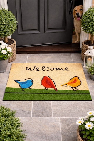 Esnature Chirp Birds Renkli Cıvıldıyan Kuşlar Kahverengi Welcome Kapı Önü Paspası 45x70 Cm Çok Renkli