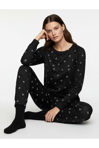 Koton Uzun Kollu Bisiklet Yaka Fiyonk Desenli Kadife Pijama Üstü Siyah Desenli 6wlk40078mk Siyah Desenli