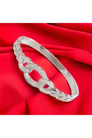 Modern Zirkon Taşlı Çelik Kelepçe Bileklik - Kararmaz Gold Kaplama Gümüş