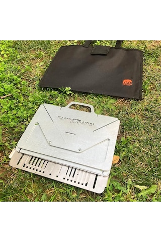 Kamp Ayısı Grillogybox Katlanır Pratik Asansörlü Mangal, 2mm Çelik, Özel Çantalı Gri