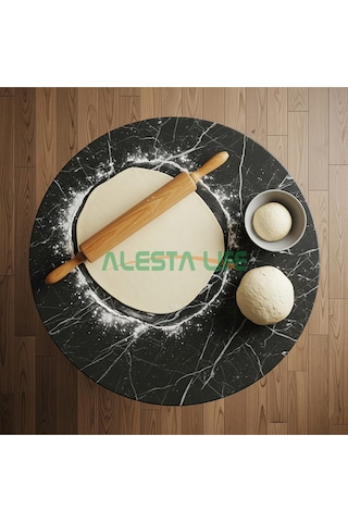 60 Cm Çap - Siyah Desenli Katlanabilir Yer Sofrası Hamur Açma Tahtası Oyun Masası - 21 Cm Yükseklik Siyah Mermer Desenli