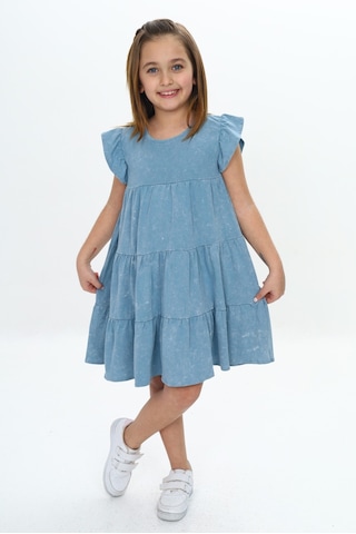 Toontoy Kız Çocuk Yıkamalı Elbise Mavi