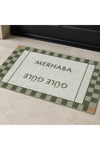 Kartela Halı Merhaba Güle Güle Damalı Kapı Paspası Adaçayı Yeşili Kaymaz Kauçuk Taban 50x75 Cm