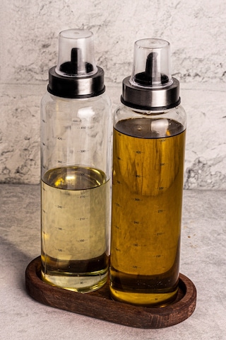 Bella Borosilikat Cam Damlatmaz Yağdanlık Ahşap Standlı Yağlık - Sirkelik Seti 500 ml - 3 Parça