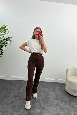 Winmoda34 Yüksek Bel Çimalı Palazzo Kumaş Pantolon Nevrulu kahve
