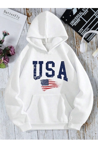 Usa Bayrak Sweatshirt - Beyaz Baskılı Oversize Kapüşonlu Beyaz