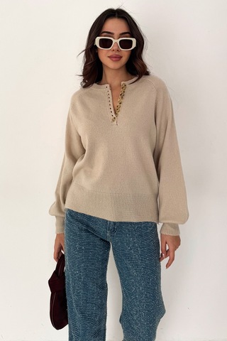 Noa & Noa Kadın Düğmeli Triko Kazak Red Stitch Bej