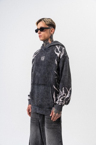 Respire Erkek War Baskılı Yıkamalı Kapüşonlu Oversize Hoodie Siyah