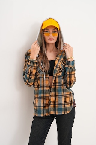 Kadın Desenli Renkli Oduncu Oversize Bol Ve Geniş Kalıp Casual Çift Kapüşonlu Ceket Gömlek Kahverengi - Mavi