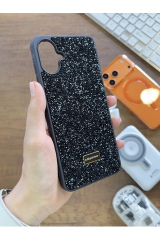 Samsung A07 Uyumlu Kadife İç Yüzey Tasarımlı Taşlı Işıltılı Parlak Pırlanta Kılıf Dia Plus Siyah