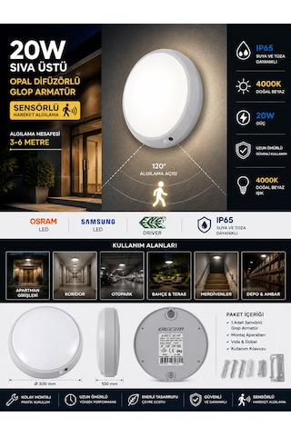 Gecem 20w 4000k Ip65 Sensörlü Sıva Üstü Opal Difüzörlü Led Glop Armatür Ilık Beyaz