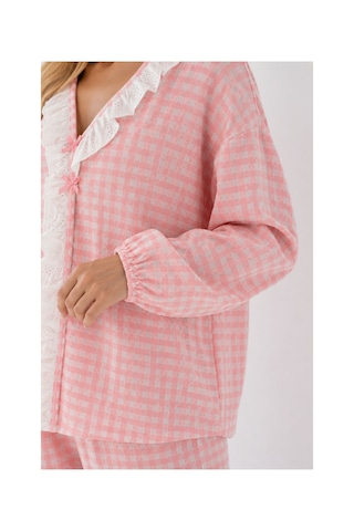 Bella Notte Pembe Beyaz Pötikare Fisto Fırfır Detaylı Uzun Kollu Pijama Takımı Pembe