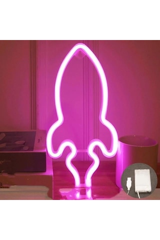 Neon Renkli Pembe Roket Pilli ve Usbli Çocuk Odası Duvar Gece Lambası Çok Renkli