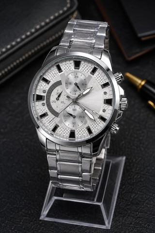 Erkek Gümüş Renk Metal Kordon Analog Kol Saati 24 Saat Takvim Göstergeli Gri Kadran - Gümüş Çok Renkli