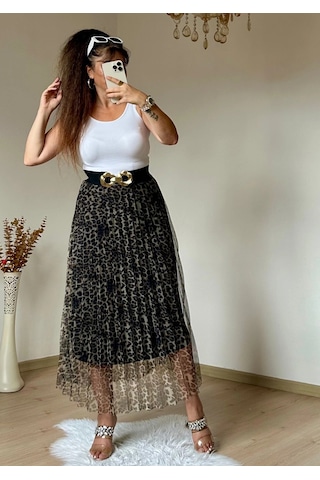 Azra Butik Açık Leopar Tül Etek Siyah