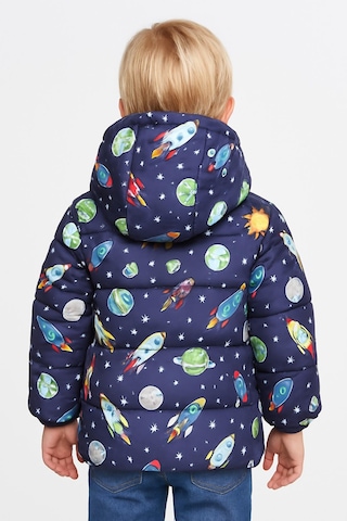 Erkek Çocuk Polarlı Kapüşonlu Ufo Desenli Kışlık Şişme Mont & Kaban & Parka Siyah