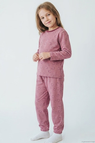 Breeze Kız Çocuk Pijama Takımı Elma Desenli Beli Paçası Lastikli 4-8 Yaş, Gülkurusu