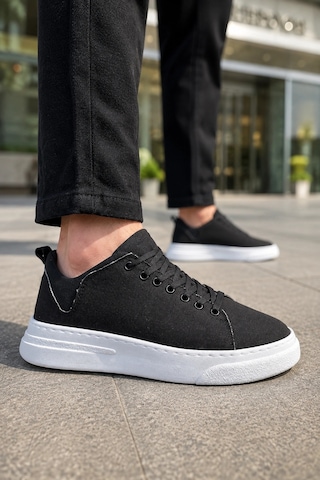 Mevese Ont Bağcıklı Keten Dokulu Hafif Taban Erkek Günlük Casual Sneaker Ayakkabı - Siyah Beyaz