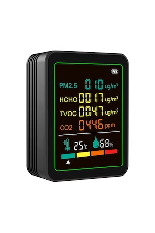 Youtek Pm2.5, Co2, Tvoc, Hcho, Sıcaklık Ve Nem İçin 6-1 Çevre Monitörü - Infrared + Yarıiletken Sensörler - 1200mah Batarya - Siyah Standart Paket