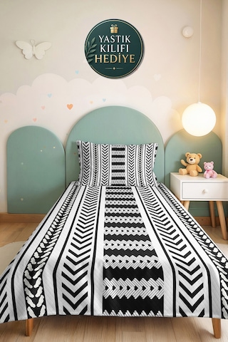 Siyah Geometrik Genç Odası Tek Kişilik Pike Takımı - Modern Çizgili 160x220 Cm Kapitone Yatak Örtüsü Mumlu Bozkır Mırıltısı
