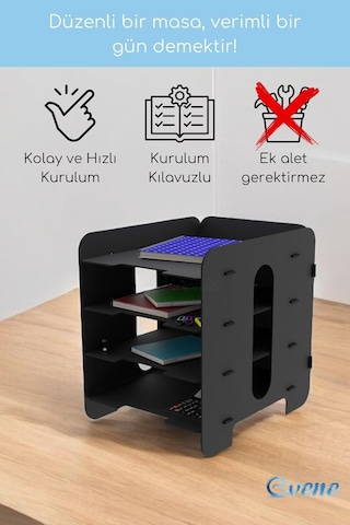 Evene Dosya Düzenleyici Masa Üstü Organizer Ahşap Evrak Raflı Model 1 Siyah, Eorganizer1