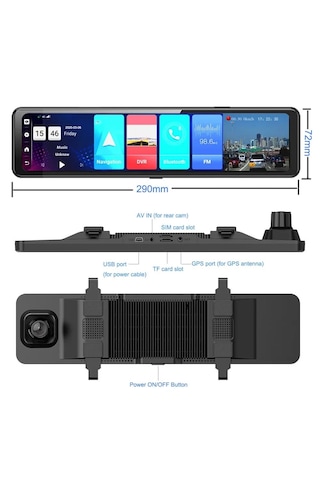 Wevolt 4g Hb-20-3 64 Gb 12 İnç Dokunmatik Ayna Kamera Android Uzaktan İzlemeli 1080p Ön Arka Araç Kamera.