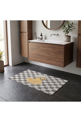 Kartela Halı Pastel Dama Ördekli Banyo Paspası Açık Gri Kaymaz Taban Makinede Yıkanabilir 60x90 Cm