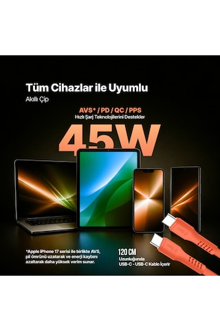 Ttec Smartcharger Gan 45W Avs PD Seyahat Hızlı Şarj Aleti + USB-C - USB-C 3A 120 CM Kablo Neon Turuncu