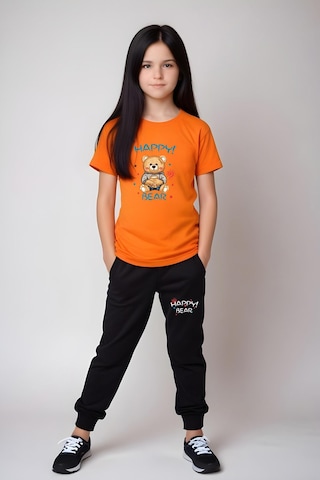 Fyk Kids Kız Çocuk Baskılı Happy Bear Bel Detayı Lastikli Alt-üst Pijama Takımı Turuncu