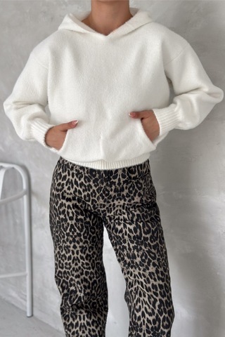 Femelle Kadın Beyaz Standart Beden Kapüşonlu Peluş Triko Sweatshirt
