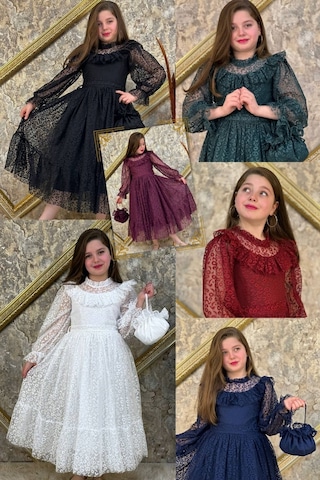 Kız Çocuk Nisa Model Tam Boy Çantalı Abiye Elbise 10 - 13 Yaş