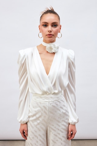 Sateen Kruvaze Saten Bodysuit Bluz - Ekru