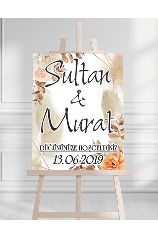 Söz Nişan Düğün İçin 50x70 Karşılama Panosu - Şeftali Çiçek Desenli Beyaz